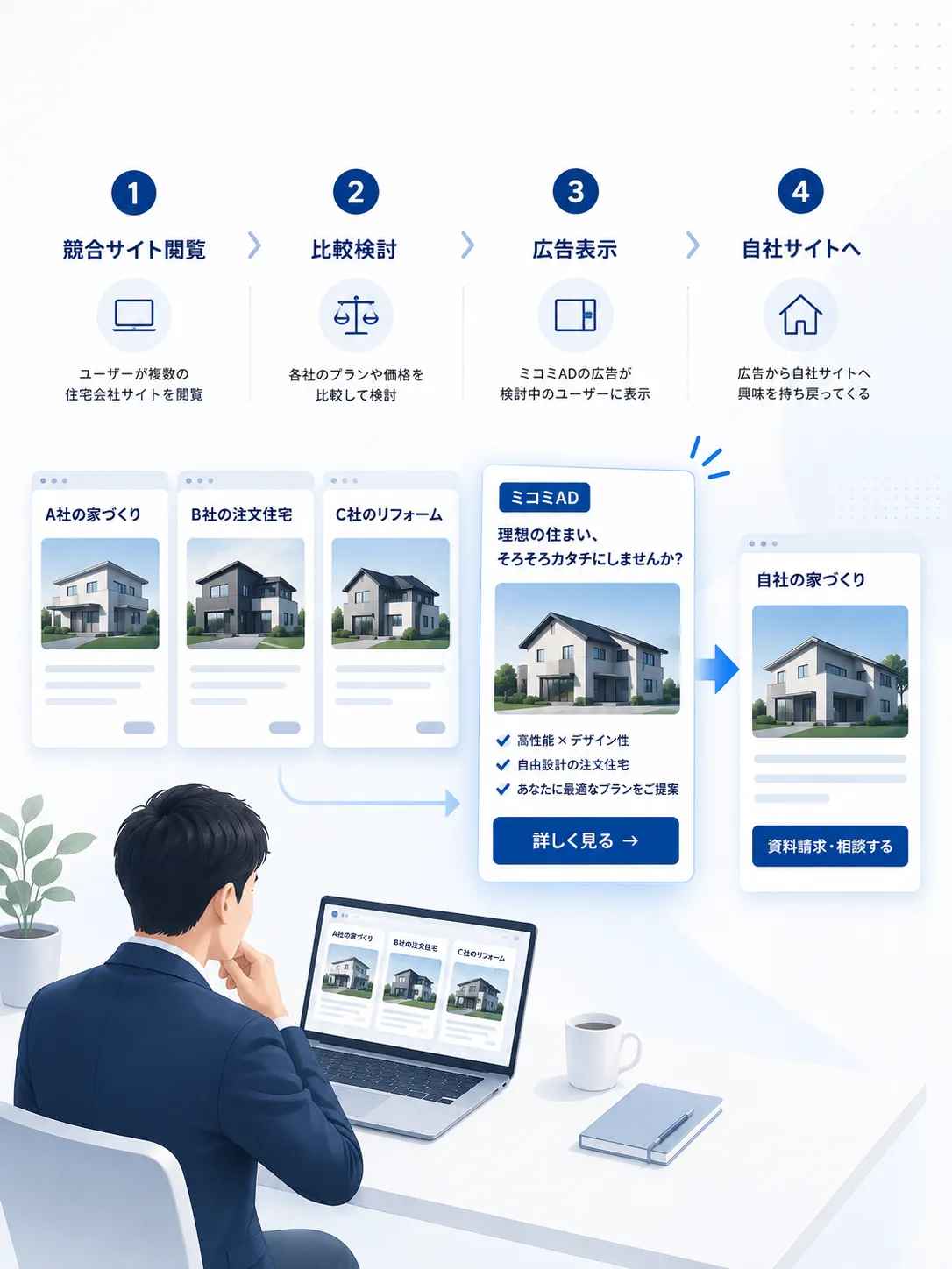 住宅を比較検討するユーザーへ広告を届け、自社サイトへ誘導するイメージ